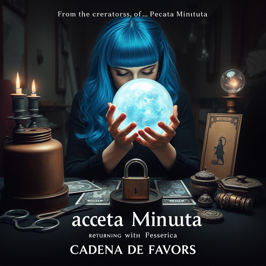 An A3 poster design for a short film featuring a woman with blue hair reading tarot cards, surrounded by a crystal ball and a padlock