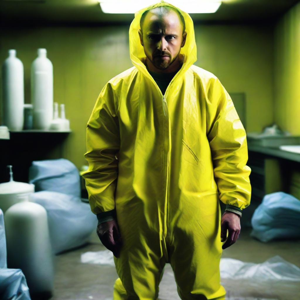 A vivid image of Jesse Pinkman from Breaking Bad, dressed in a yellow hazmat suit, standing in a meth lab