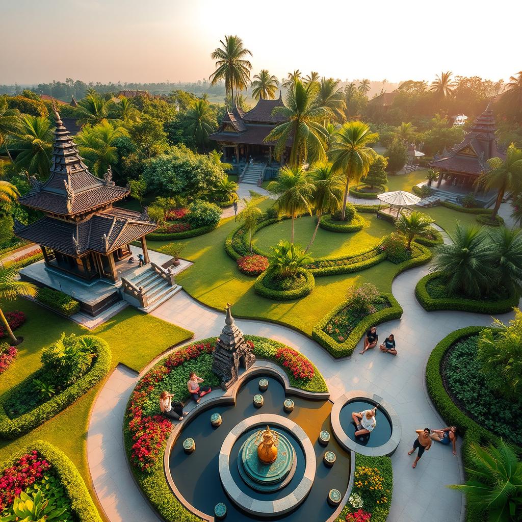 An aerial view of a lush park showcasing stunning Balinese-themed architecture, featuring intricate pagodas and traditional carvings