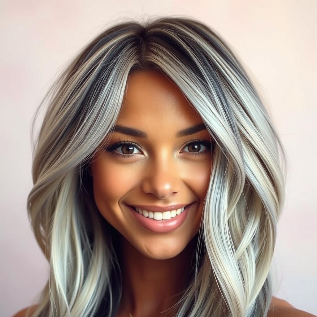 A close-up of a beautiful person's head showcasing a stylish hair mix of natural hair color with elegant silver streaks, giving a classy and sophisticated appearance
