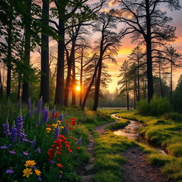A serene forest scene during sunset, with sunlight filtering through the leaves