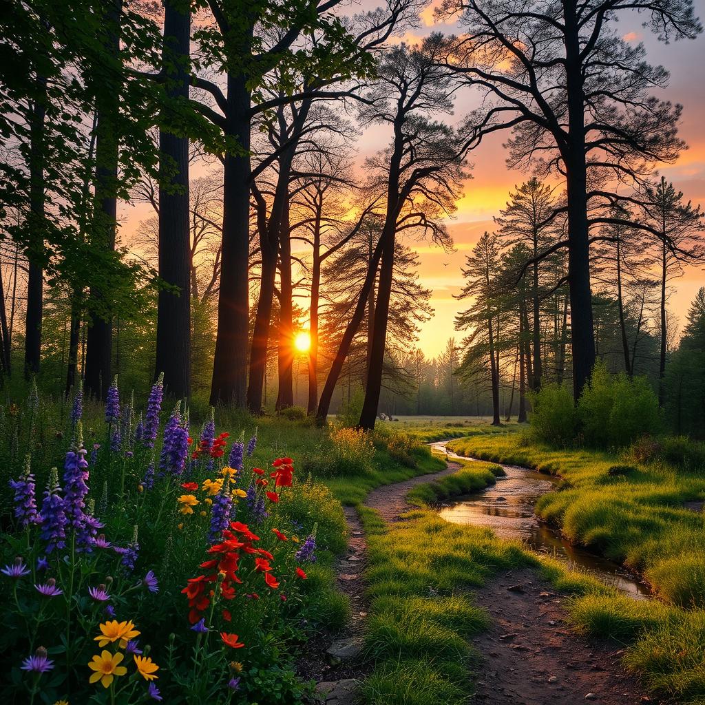 A serene forest scene during sunset, with sunlight filtering through the leaves