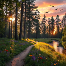 A serene forest scene during sunset, with sunlight filtering through the leaves