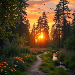 A serene forest scene during sunset, with sunlight filtering through the leaves