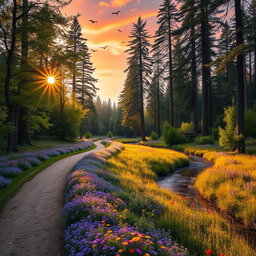 A serene forest scene during sunset, with sunlight filtering through the leaves