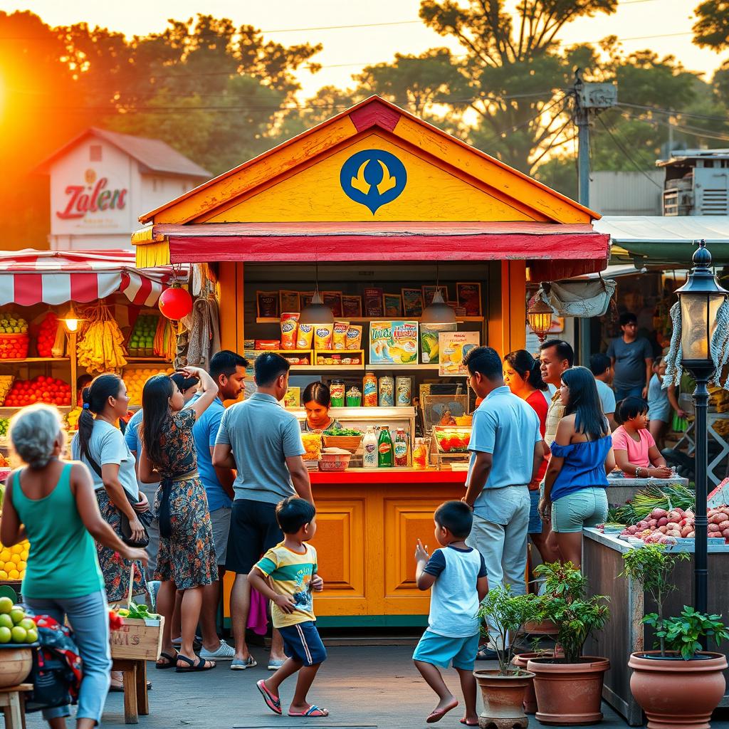 A colorful and vibrant image of a lively kiosk in a bustling marketplace, surrounded by various stalls filled with fresh fruits, vegetables, and local crafts