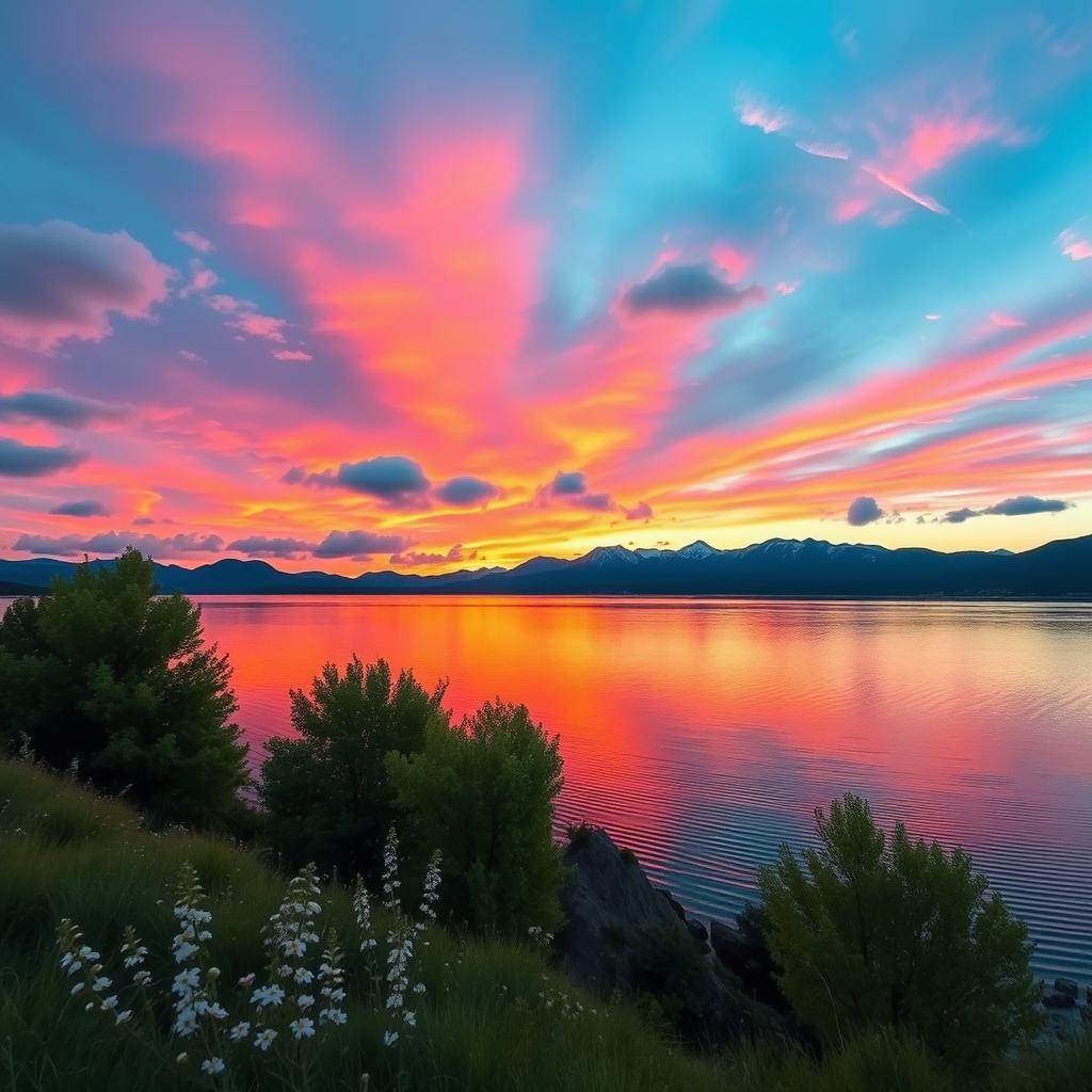 A stunning, ethereal landscape scene showcasing a vibrant sunset over a tranquil lake
