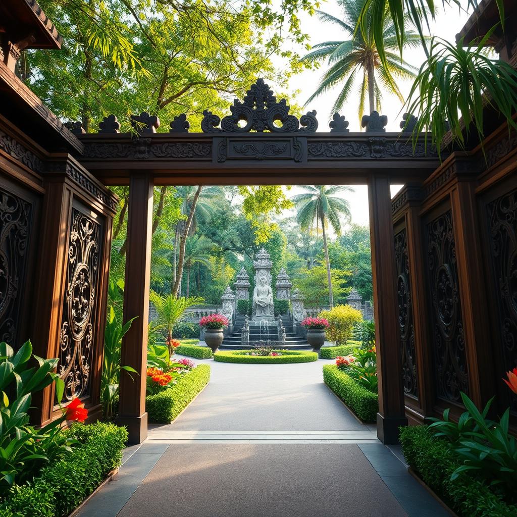 A man's eye view perspective of the entrance to a beautiful park featuring Balinese themed architecture