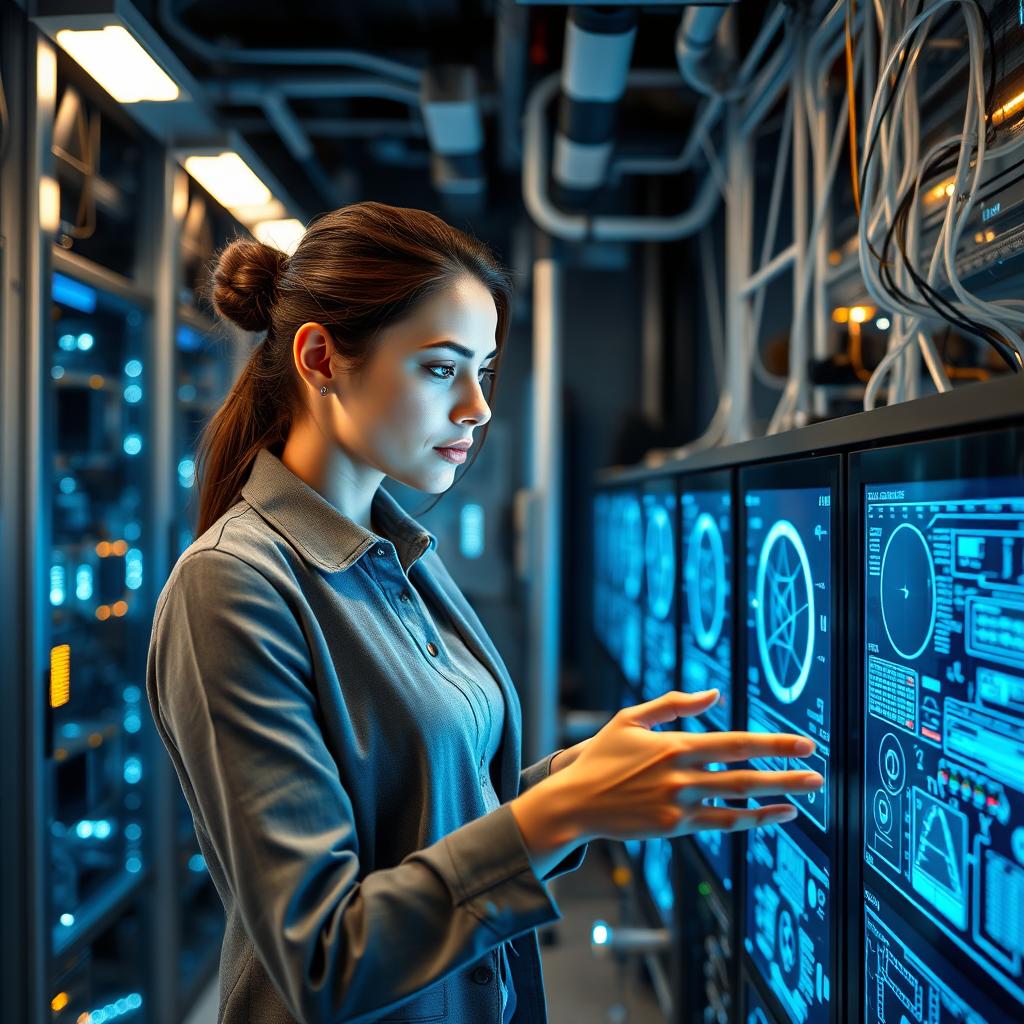 A professional woman intensely focused while working on quantum networks in a high-tech laboratory