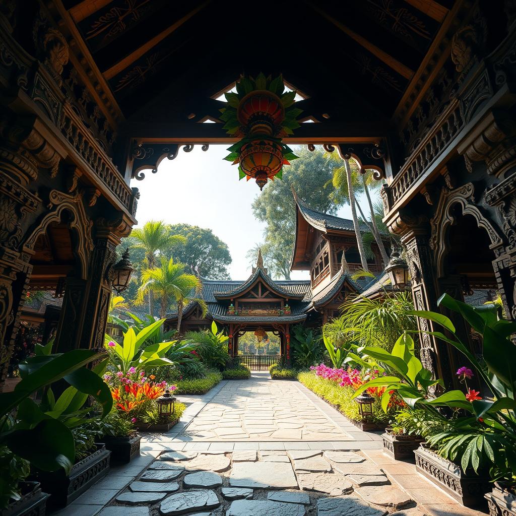 A man's eye view perspective of the entrance of a park showcasing a blend of Balinese and Filipino architecture