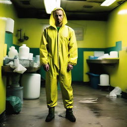 A vivid image of Jesse Pinkman from Breaking Bad, dressed in a yellow hazmat suit, standing in a meth lab