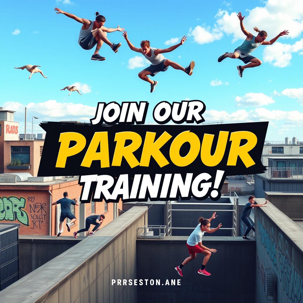 A vibrant advertising banner for a parkour training school
