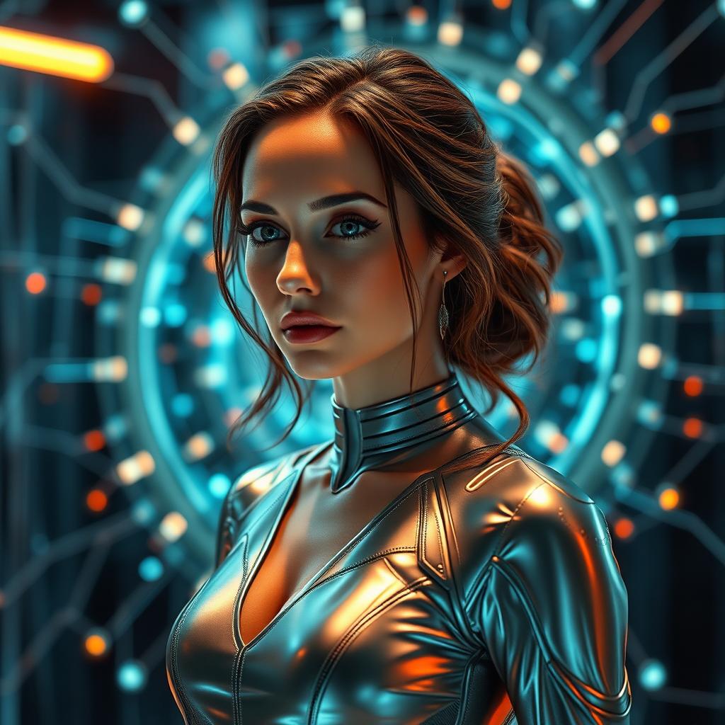 A futuristic woman engrossed in the world of quantum networking, showcasing a sleek, high-tech environment filled with holographic interfaces and intricate quantum circuits
