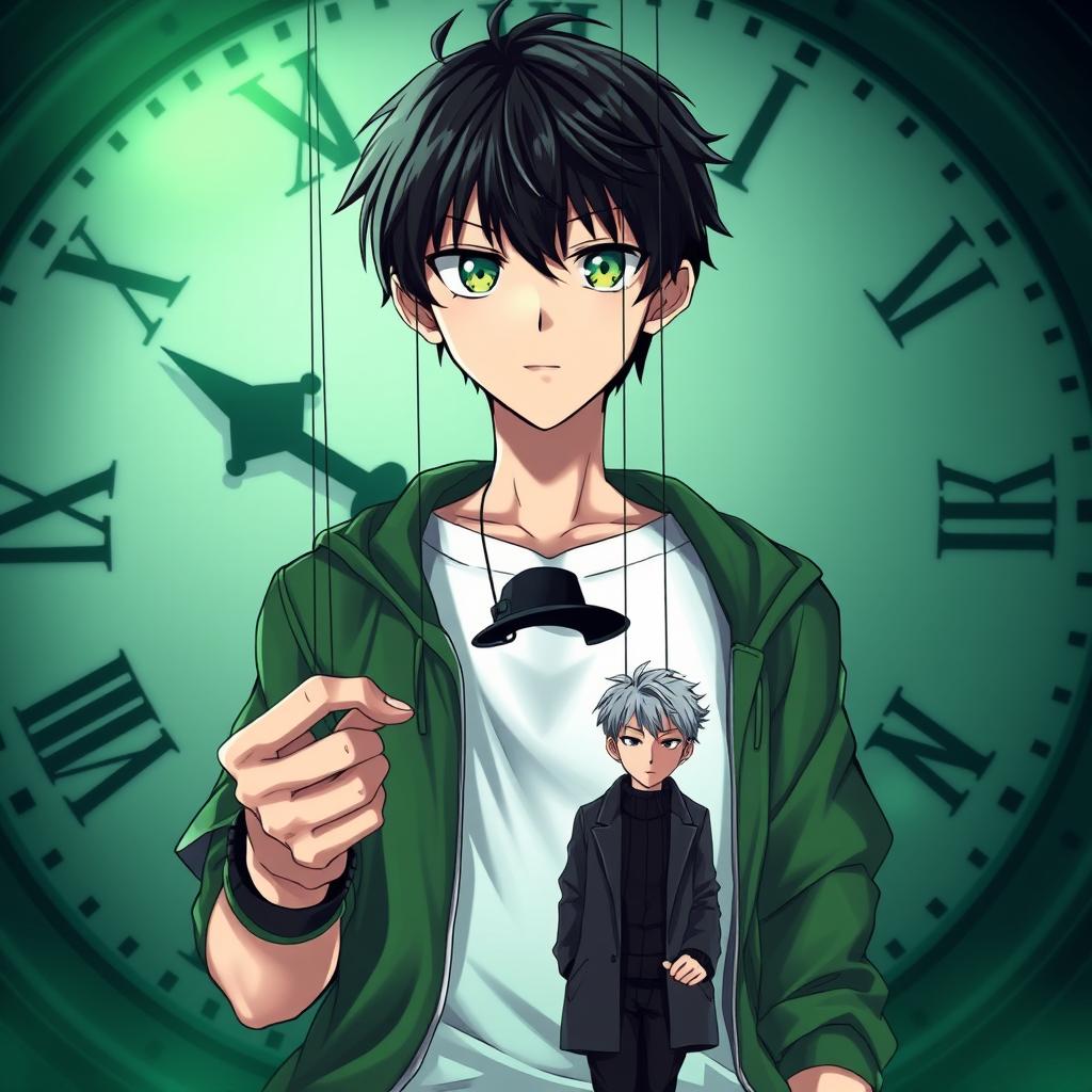 In front of a massive clock face, a young man with dark hair stands confidently