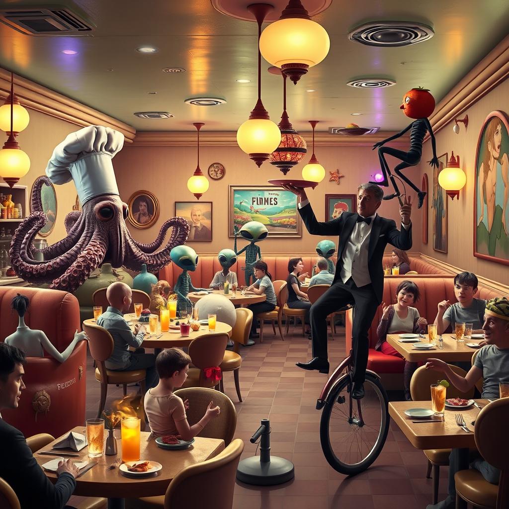 A whimsical and surreal restaurant setting filled with unusual characters engaged in bizarre activities