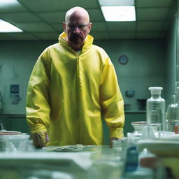 Realistic depiction of Walter White from Breaking Bad, dressed in his yellow hazmat suit with glasses, in a clandestine laboratory setting