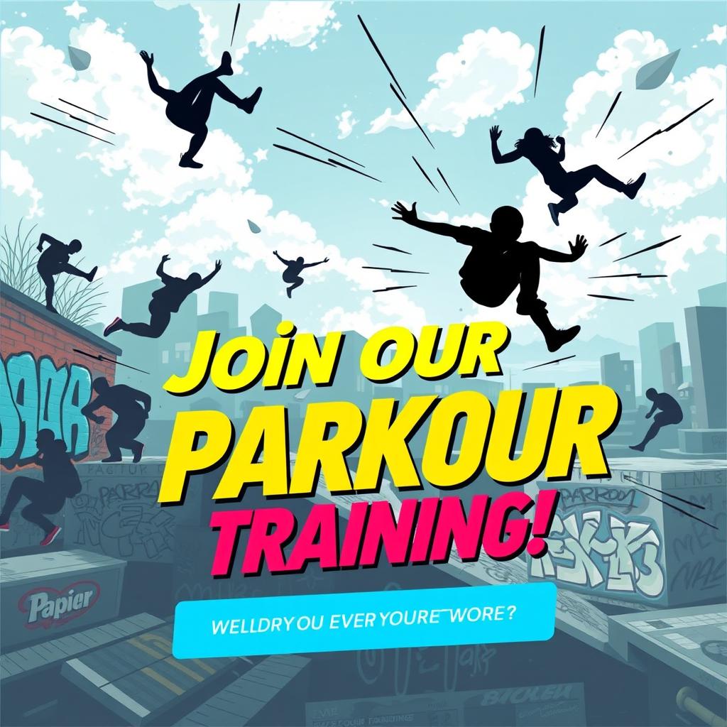 A vibrant and engaging advertising banner for a parkour training school, incorporating the user's profile picture as a significant element