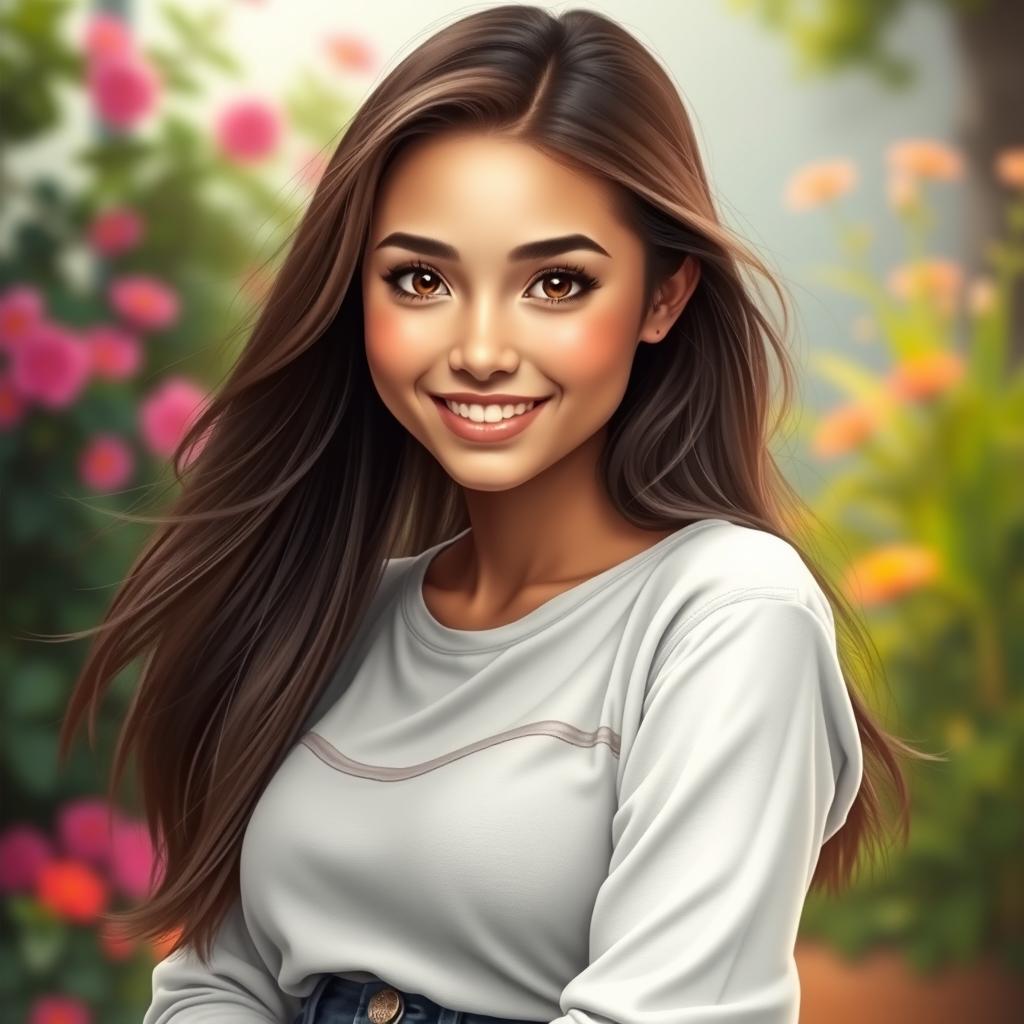 A realistic portrait of a young woman with long, flowing hair, bright, expressive eyes, and a warm smile
