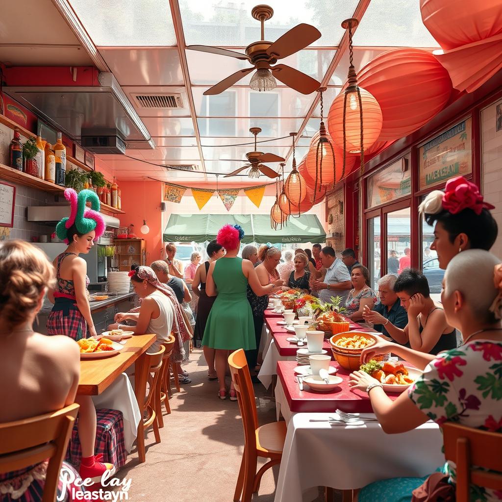 A vibrant restaurant on a sunny day, bustling with energy