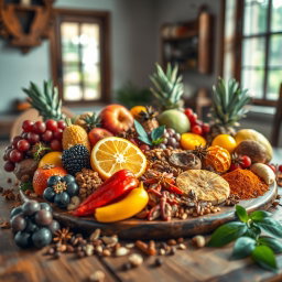 A beautiful arrangement of colorful fruits, nuts, and spices artistically laid out on a rustic wooden table