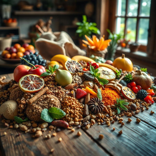 A beautiful arrangement of colorful fruits, nuts, and spices artistically laid out on a rustic wooden table