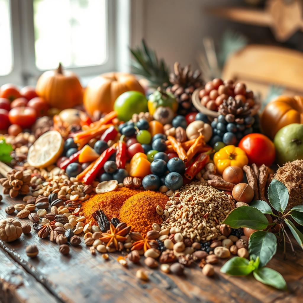 A beautiful arrangement of colorful fruits, nuts, and spices artistically laid out on a rustic wooden table