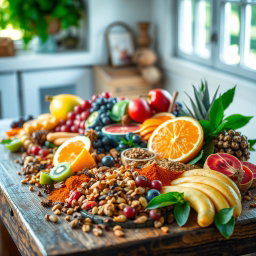 A beautiful arrangement of colorful fruits, nuts, and spices artistically laid out on a rustic wooden table