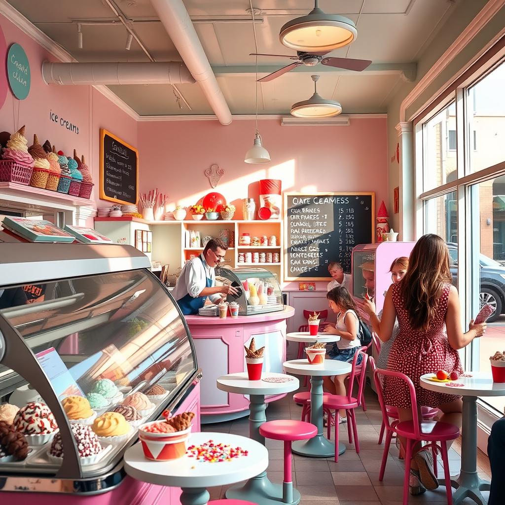 A vibrant and inviting ice cream shop interior with a colorful assortment of ice cream flavors displayed in vintage-style glass cases