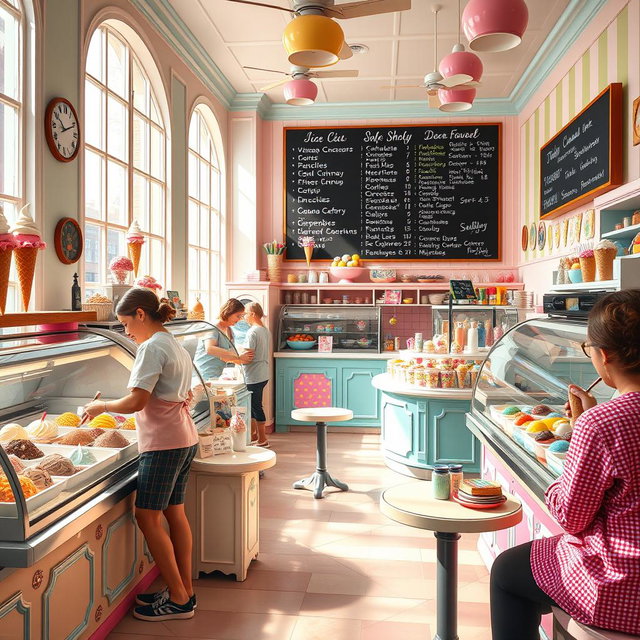 A vibrant and inviting ice cream shop interior with a colorful assortment of ice cream flavors displayed in vintage-style glass cases
