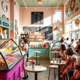 A vibrant and inviting ice cream shop interior with a colorful assortment of ice cream flavors displayed in vintage-style glass cases