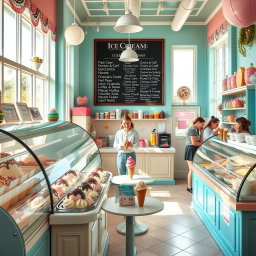 A vibrant and inviting ice cream shop interior with a colorful assortment of ice cream flavors displayed in vintage-style glass cases