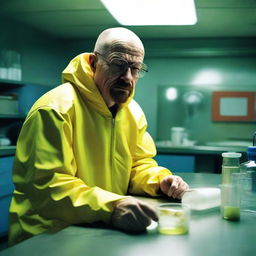 Realistic depiction of Walter White from Breaking Bad, dressed in his yellow hazmat suit with glasses, in a clandestine laboratory setting