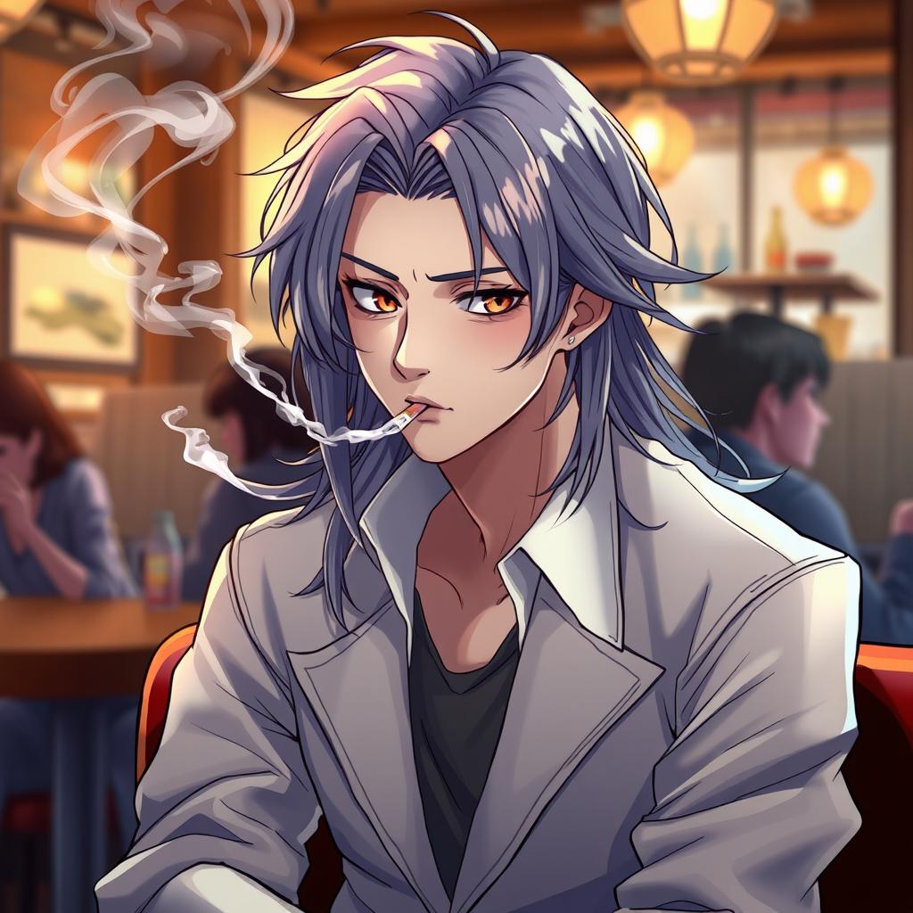 A young man with long, flowing hair that resembles a girl's, sitting in a cozy cafe