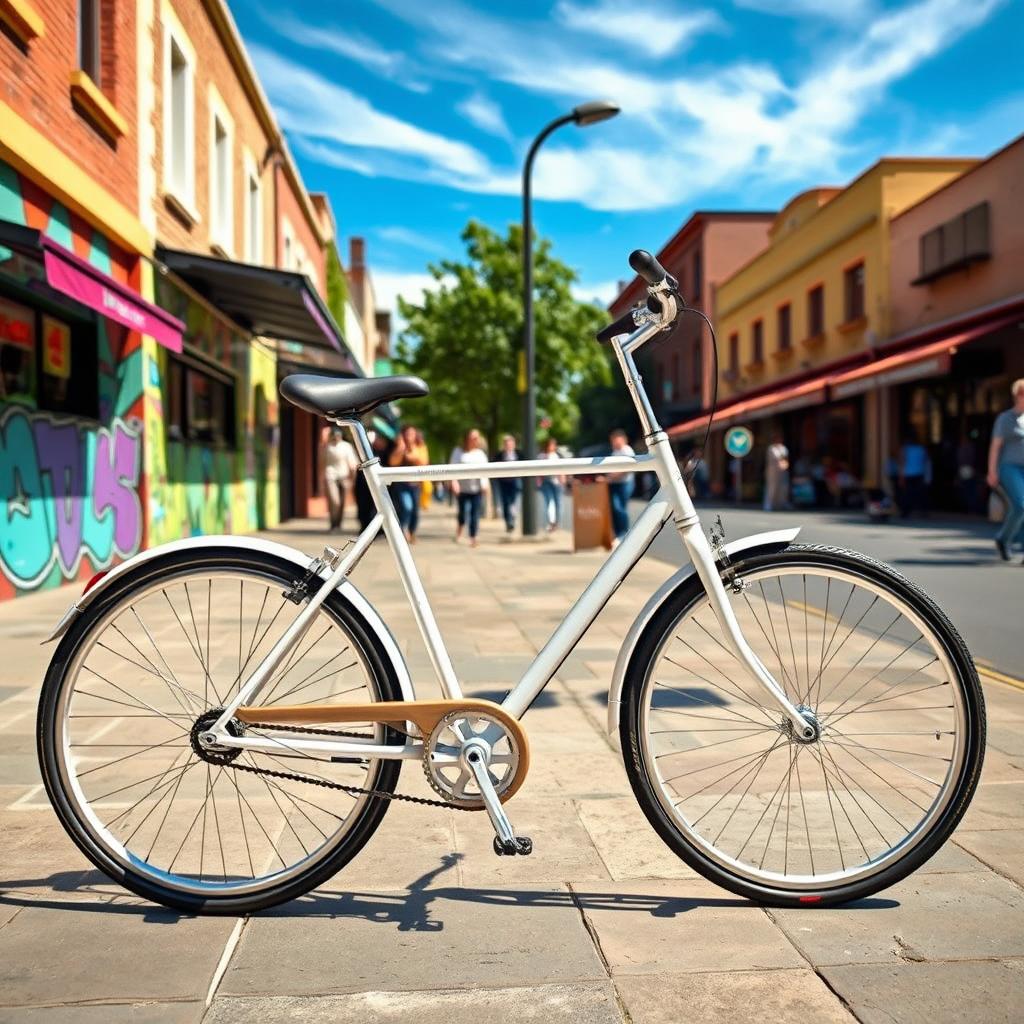 A sleek, modern city bike, featuring a lightweight frame and elegant design, set against a vibrant urban backdrop