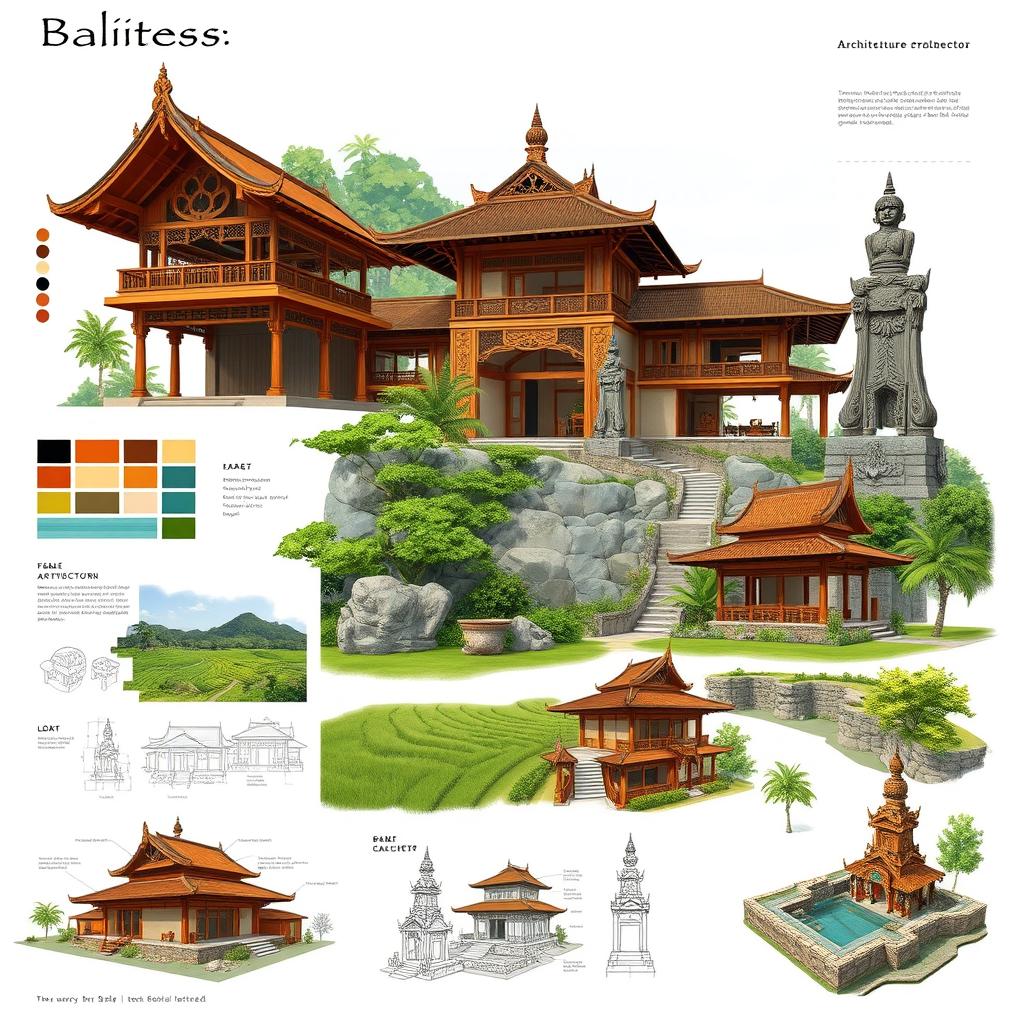 A vibrant architectural concept board showcasing Balinese architecture, featuring traditional elements such as intricately carved wooden structures, open-air pavilions, lush tropical gardens, and ornate sculptures