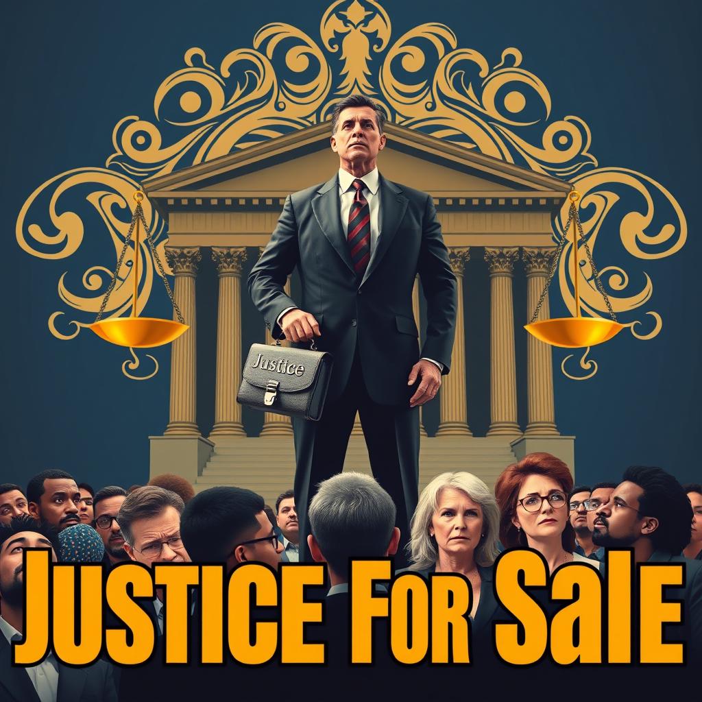 A digital poster illustrating the concept that the law favors the rich, featuring a powerful, wealthy businessman in a tailored suit standing confidently in front of a massive courthouse, holding a briefcase labeled 'Justice'
