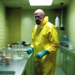 Realistic depiction of Walter White from Breaking Bad, dressed in his yellow hazmat suit with glasses, in a clandestine laboratory setting