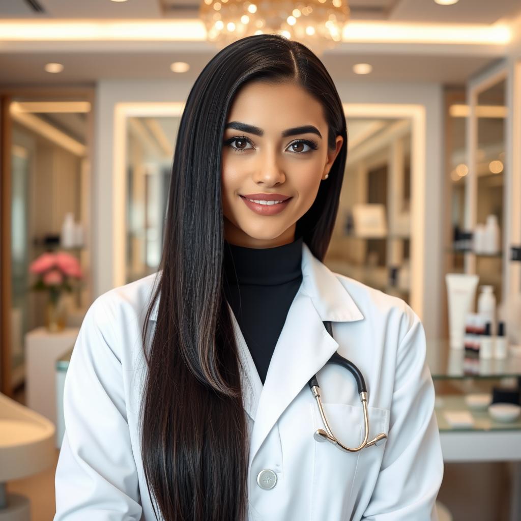 A stunning Iranian female beauty doctor with long, straight black hair and captivating black eyes, exuding professionalism and charm