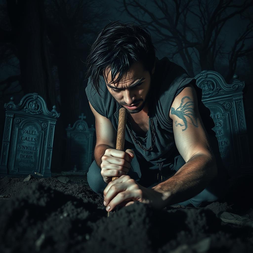 A mysterious scene depicting a man with stitched lips, intensely focused while digging a grave
