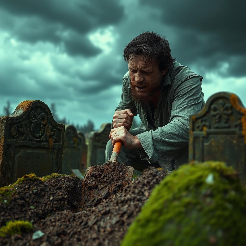 A man with stitched lips, engaged in the act of digging a grave
