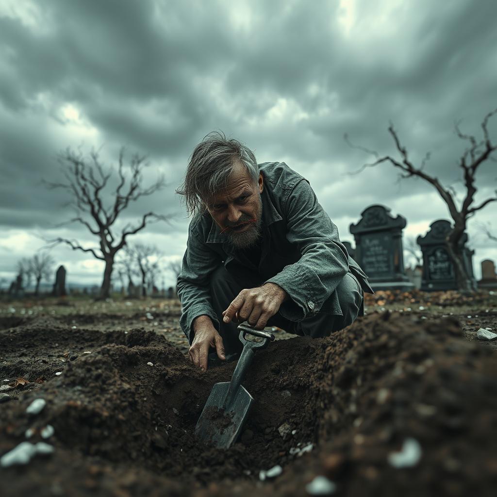 A dark and eerie scene featuring a man with his lips sewn shut, engaged in the act of digging a grave in a desolate cemetery
