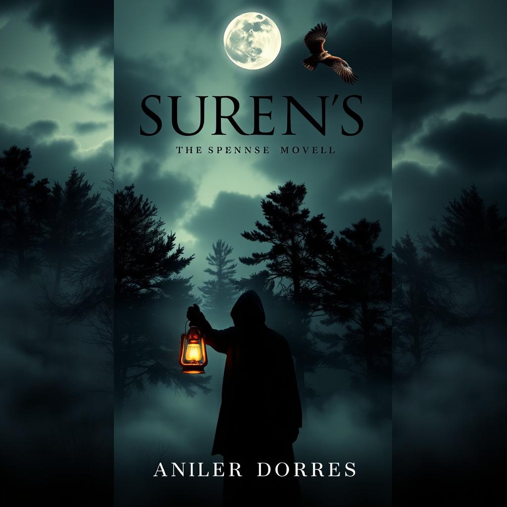 A captivating book cover for a suspense novel featuring a misty, moonlit forest with looming trees