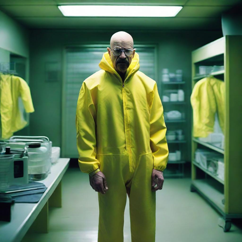 Realistic depiction of Walter White from Breaking Bad, dressed in his yellow hazmat suit with glasses, in a clandestine laboratory setting