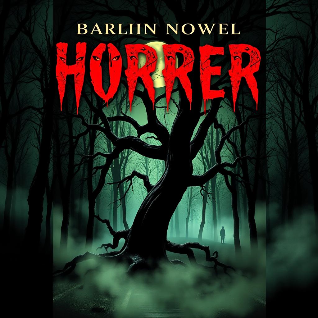 A chilling book cover for a horror novel featuring a dark, misty forest at night