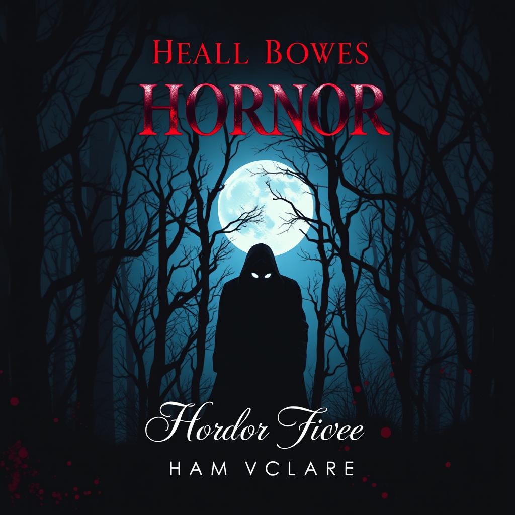 A chilling book cover design for a horror novel, featuring a dark, eerie forest under a full moon