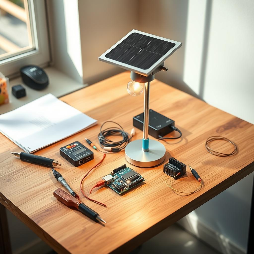 A creative workspace featuring a solar powered motion sensor lamp on a modern desk
