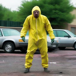 Re-imagine the previous image with Walter White dancing joyously in his yellow hazmat suit within the meth lab