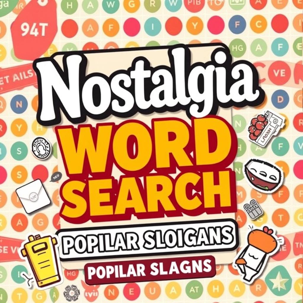 A vibrant and engaging book cover for 'Nostalgia Word Search: Popular Slogans'