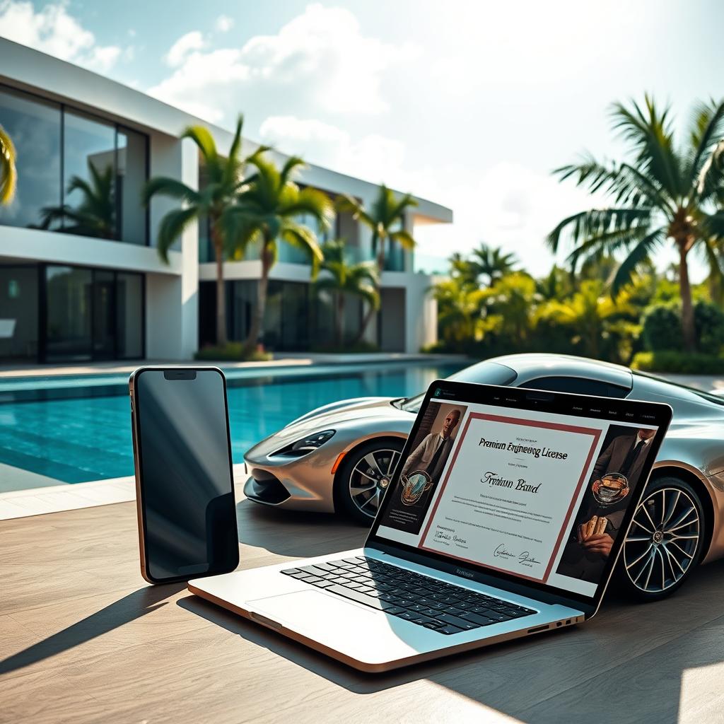 A luxurious smartphone with a futuristic, bezel-less design that boasts a high-resolution screen, alongside a stunning modern mansion that showcases cutting-edge architecture with expansive glass windows, an infinity pool shimmering under sunlight, and lush tropical landscaping surrounding it