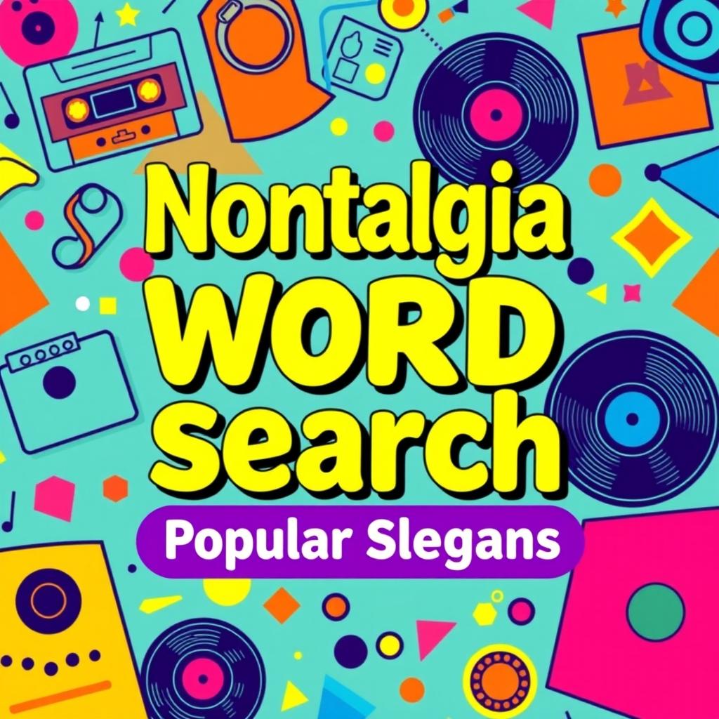 A book cover design for a puzzle book titled 'Nostalgia Word Search: Popular Slogans'